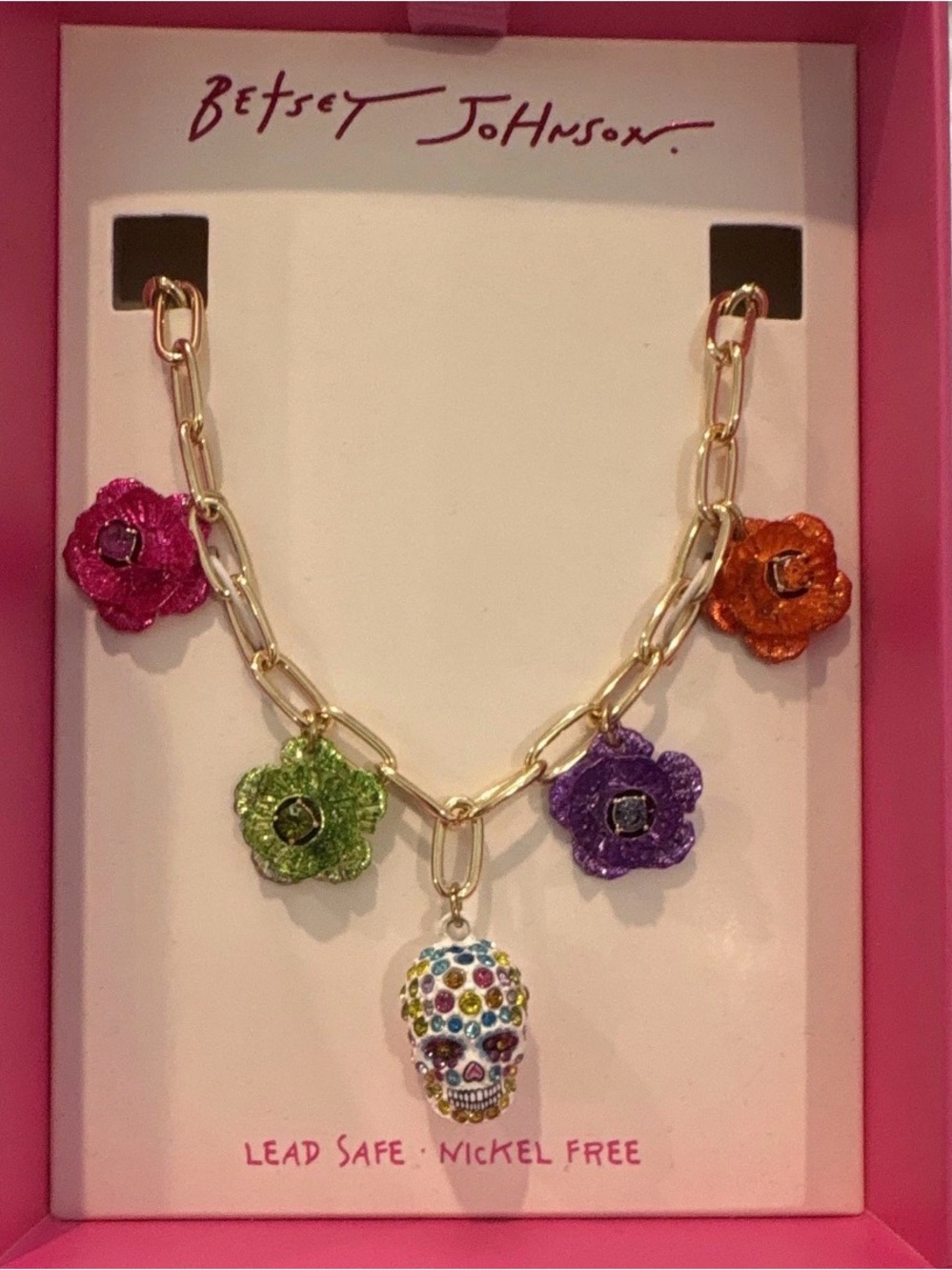 Betsey Johnson Multicolor Flower & Sugar Skull Necklace - Gold Tone Chain